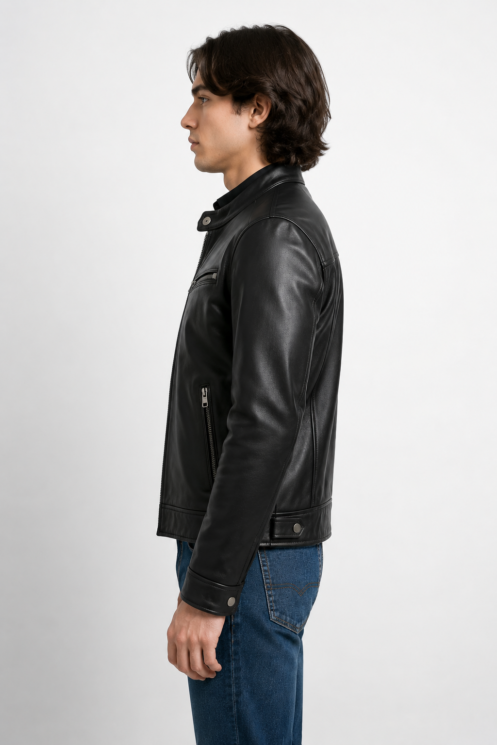 Men's Black Cow Leather Cafe Racer Jacket - Classic Biker Style