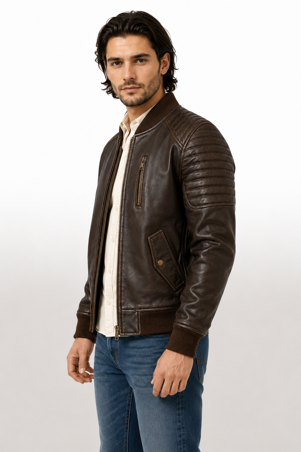 Men's Vintage Brown Genuine Leather Aviator Bomber Jacket with Quilted Shoulders