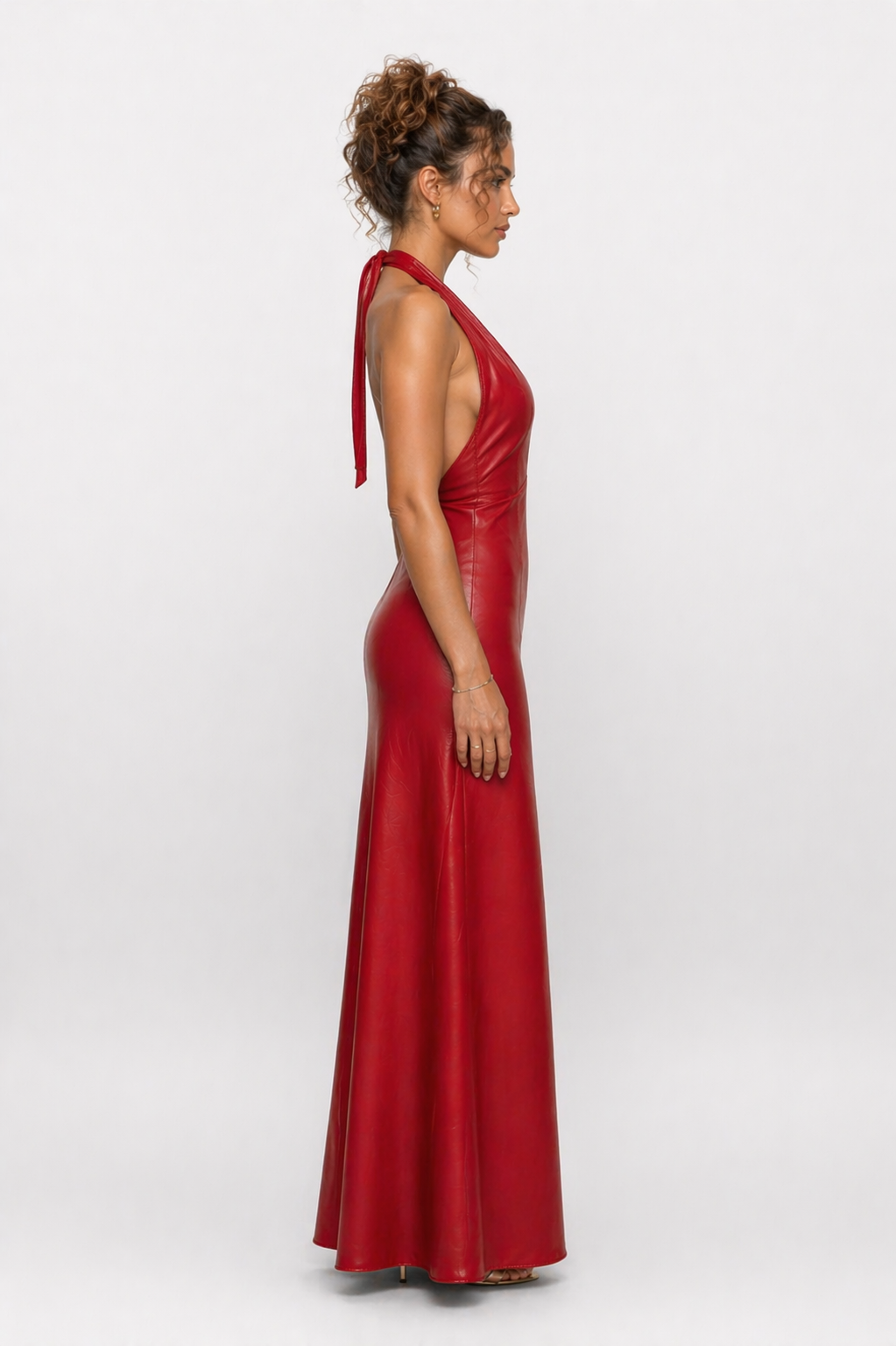 Women's Red Genuine Leather Halter Neck Maxi Dress with High Slit - Luxurena Leather