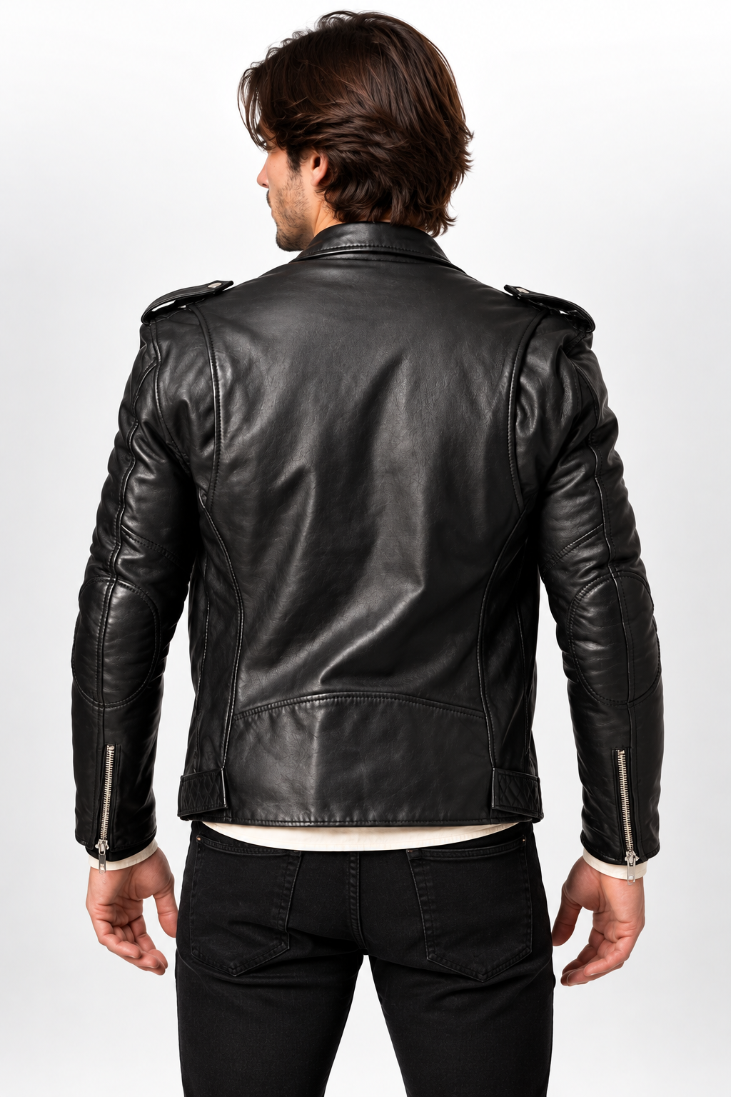 Men's Black Genuine Leather Biker Jacket with Belt - Classic Motorcycle Style