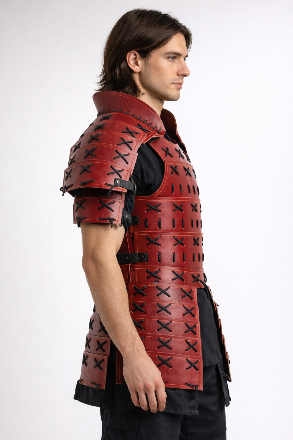 Men's Genuine Leather Medieval Samurai Armor Red and White With Detachable Shoulder Pauldrons & Thigh Armor Tassets For Halloween Theme Cosplay Costume - Luxurena Leather