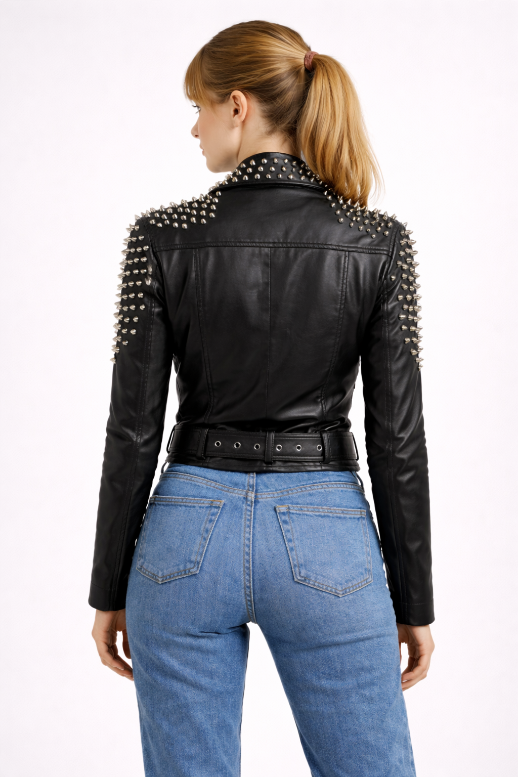 Women's Black Genuine Leather Studded Biker Jacket - Premium Spiked Brando Style - Luxurena Leather