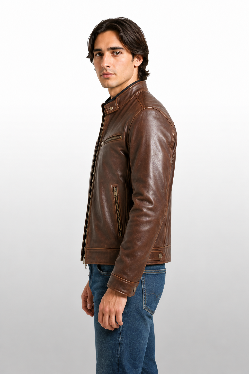 Men's Brown Cowhide Leather Café Racer Jacket - Classic Vintage Biker Style