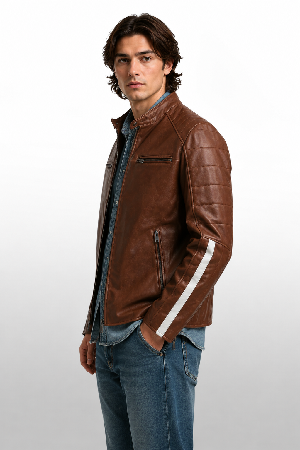 Men's Vintage Brown Cow Leather Striped Sleeve Racer Jacket