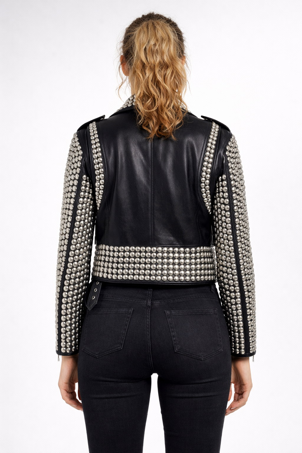 Women's Black Genuine Leather Studded Biker Jacket - Premium Silver Studded Luxury Fit - Luxurena Leather