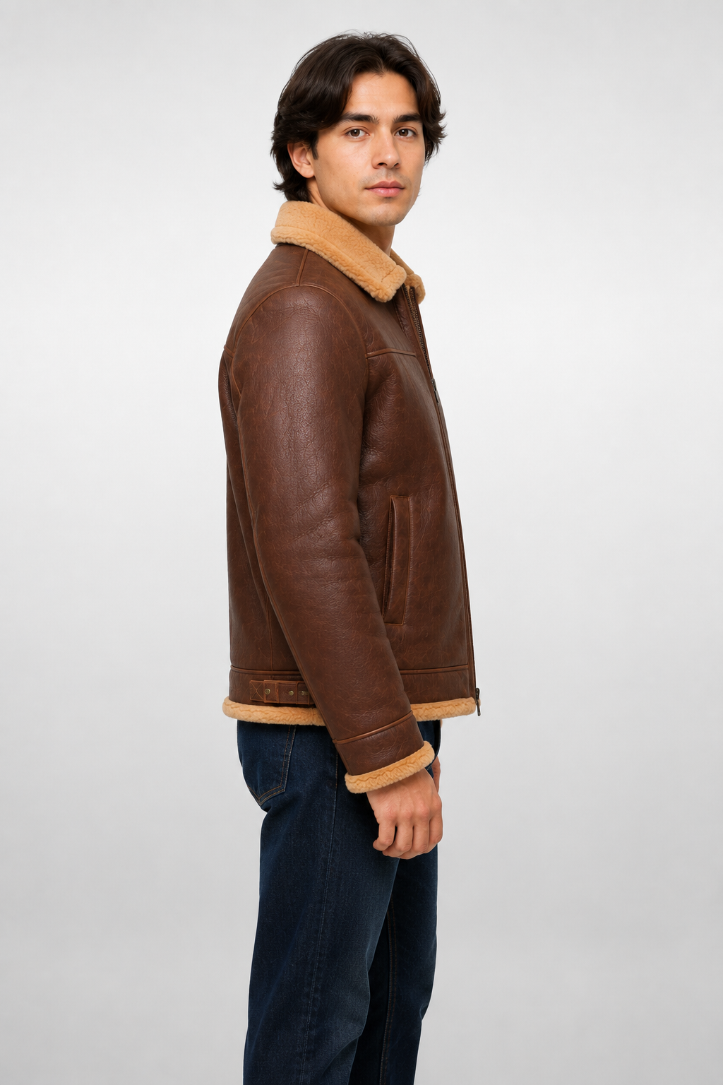 Men's B-3 Shearling Bomber Brown Leather Jacket - Genuine Sheepskin & Natural Wool