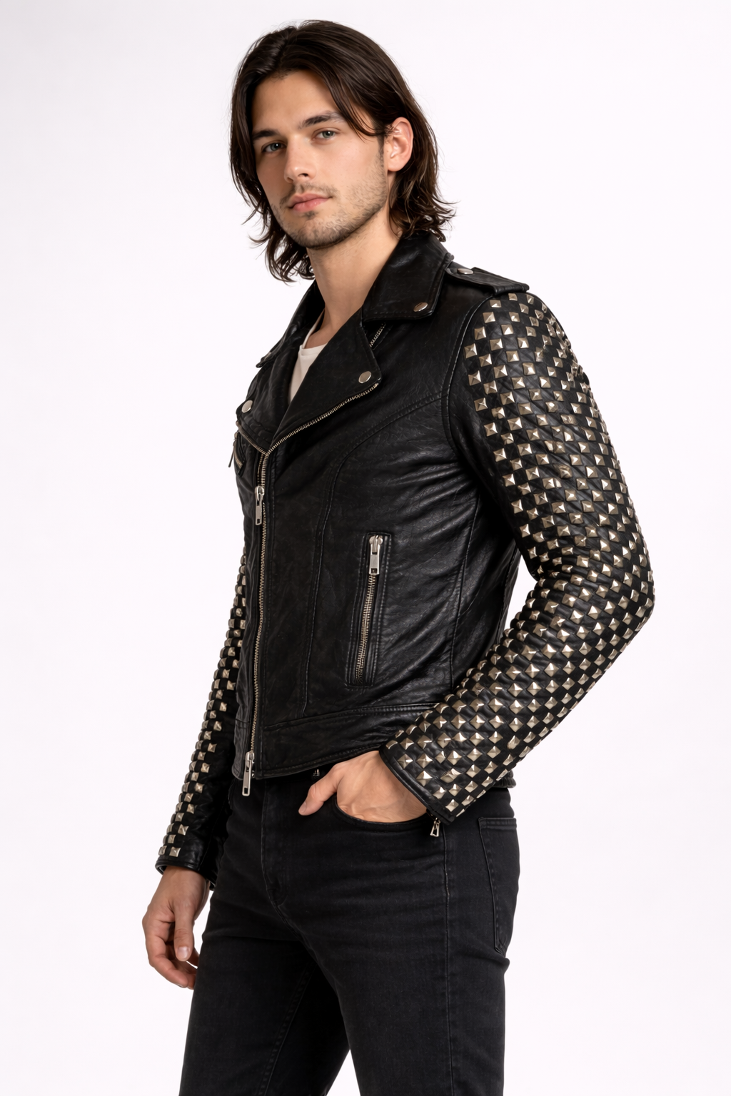 Men's Black Genuine Leather Dome Stud Biker Jacket - Premium Studded Motorcycle Style - Luxurena Leather