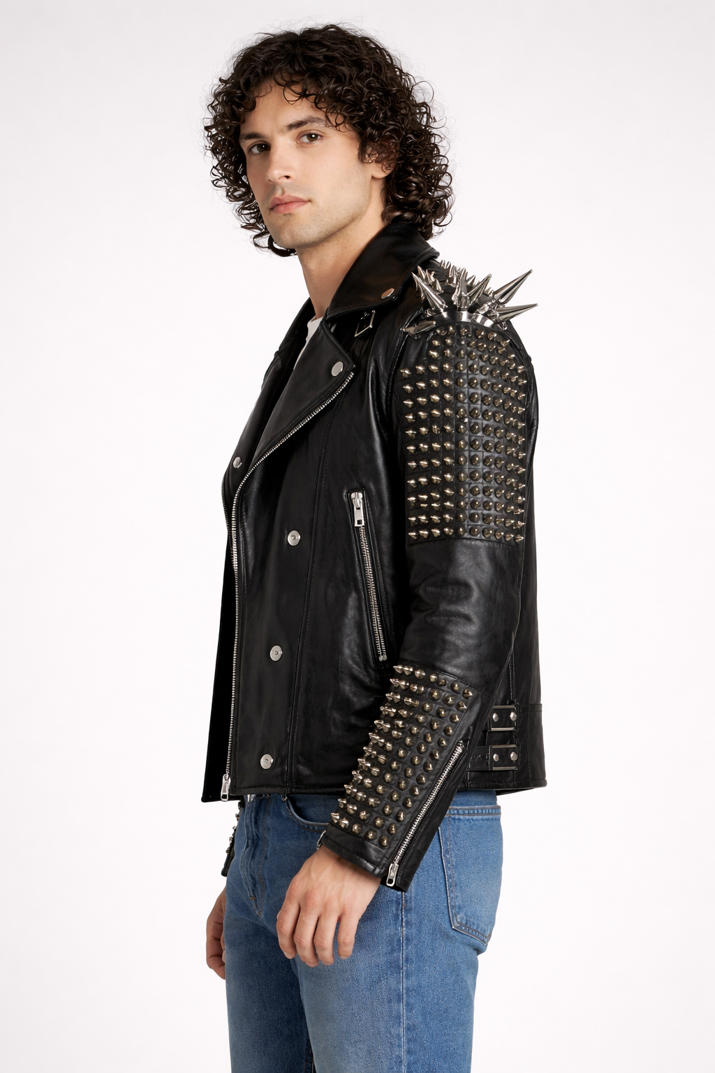 Men's Black Genuine Leather Spike Studded Punk Jacket - Clubwear Biker Style - Luxurena Leather