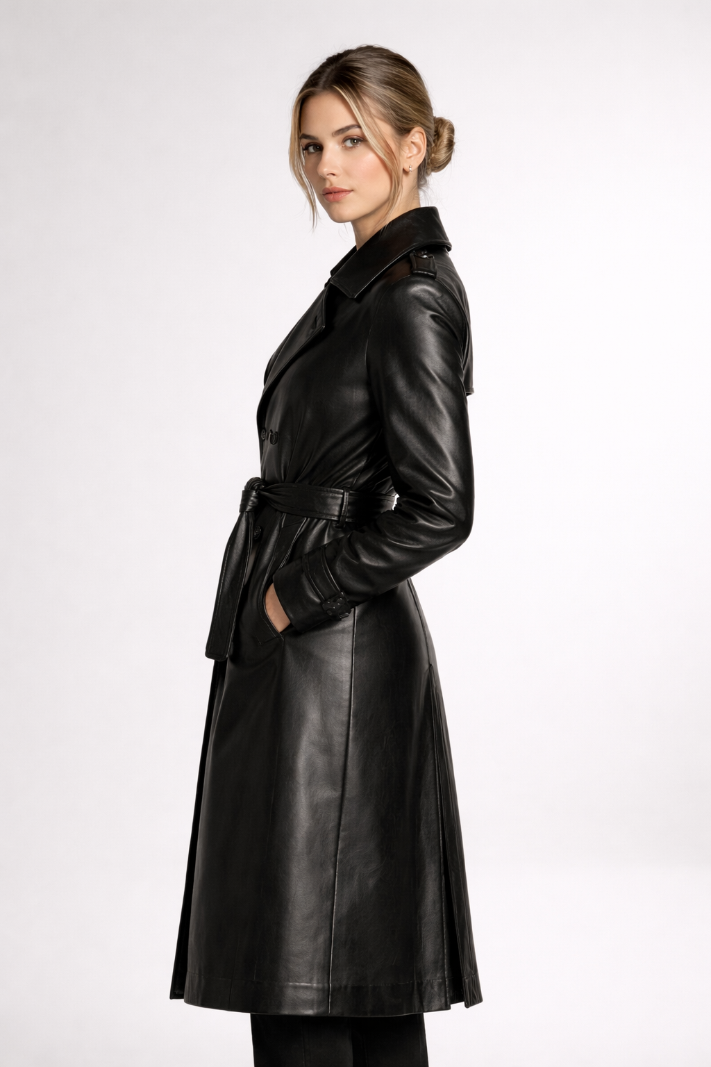 Women's Black Genuine Leather Belted Trench Coat - Classic Long Luxury Coat