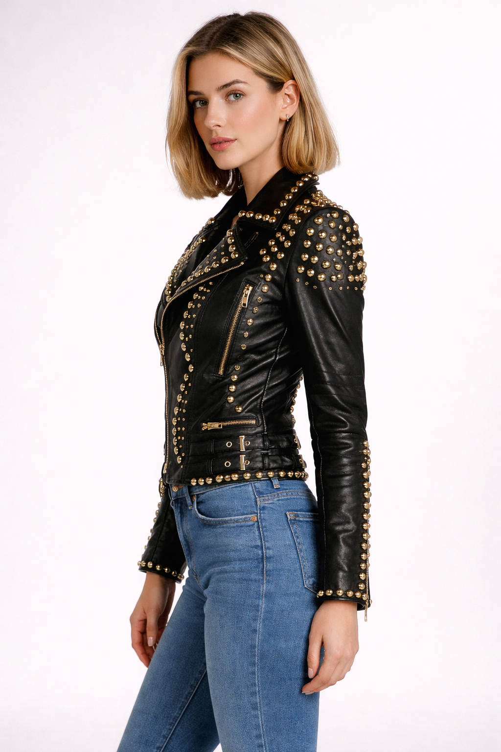 Women's Black Genuine Leather Studded Biker Jacket - Brando Style Belted Luxury Fit - Luxurena Leather