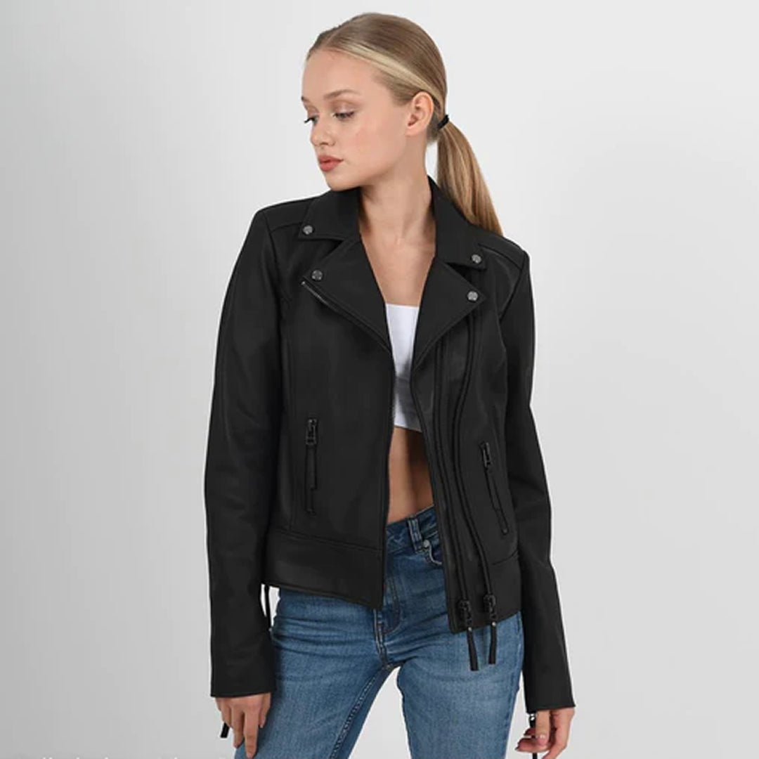 Women’s Black Classic Biker Leather Jacket - Luxurena Leather
