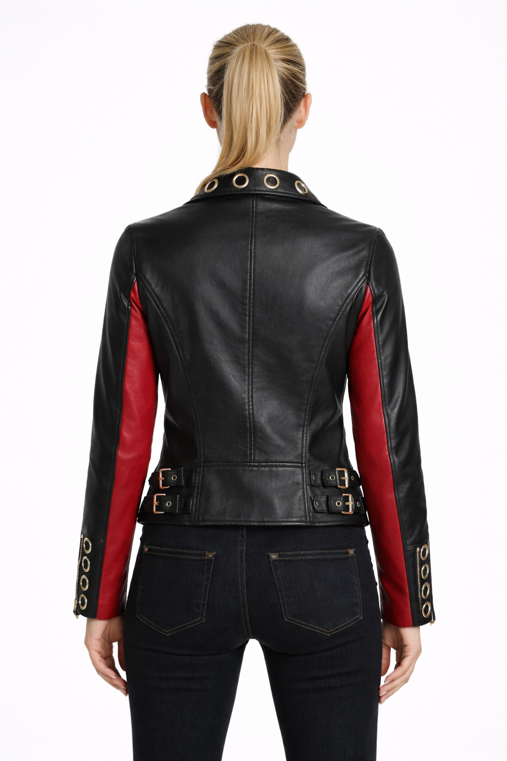 Women's Black & Red Genuine Leather Eyelet Jacket - Premium Slim Fit Statement Piece - Luxurena Leather