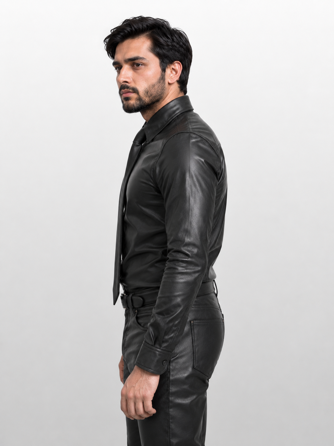 Men's Genuine Black Leather Police Military Shirt - Full Sleeve Real Leather Uniform Style Shirt