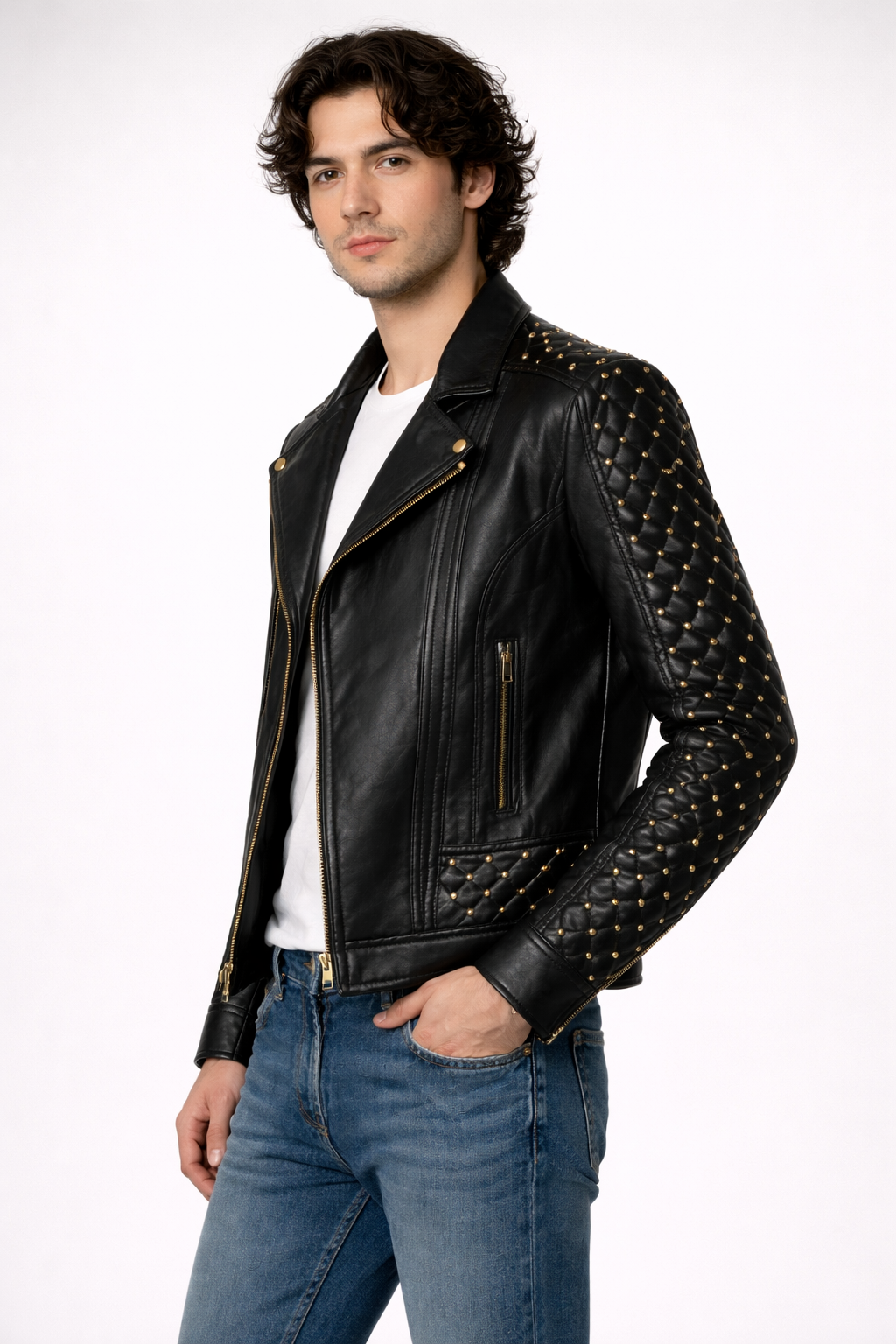 Men's Black Genuine Leather Quilted Gold Studded Brando Classic Jacket
