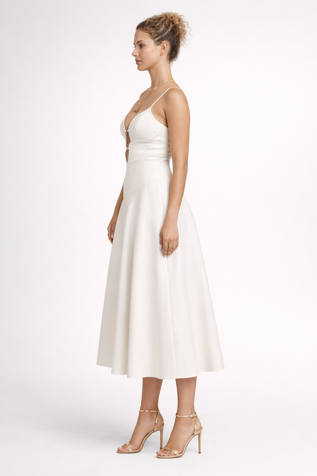 Women's White Genuine Leather Flared Midi Dress - Sweetheart Neck, Sculpted Fit