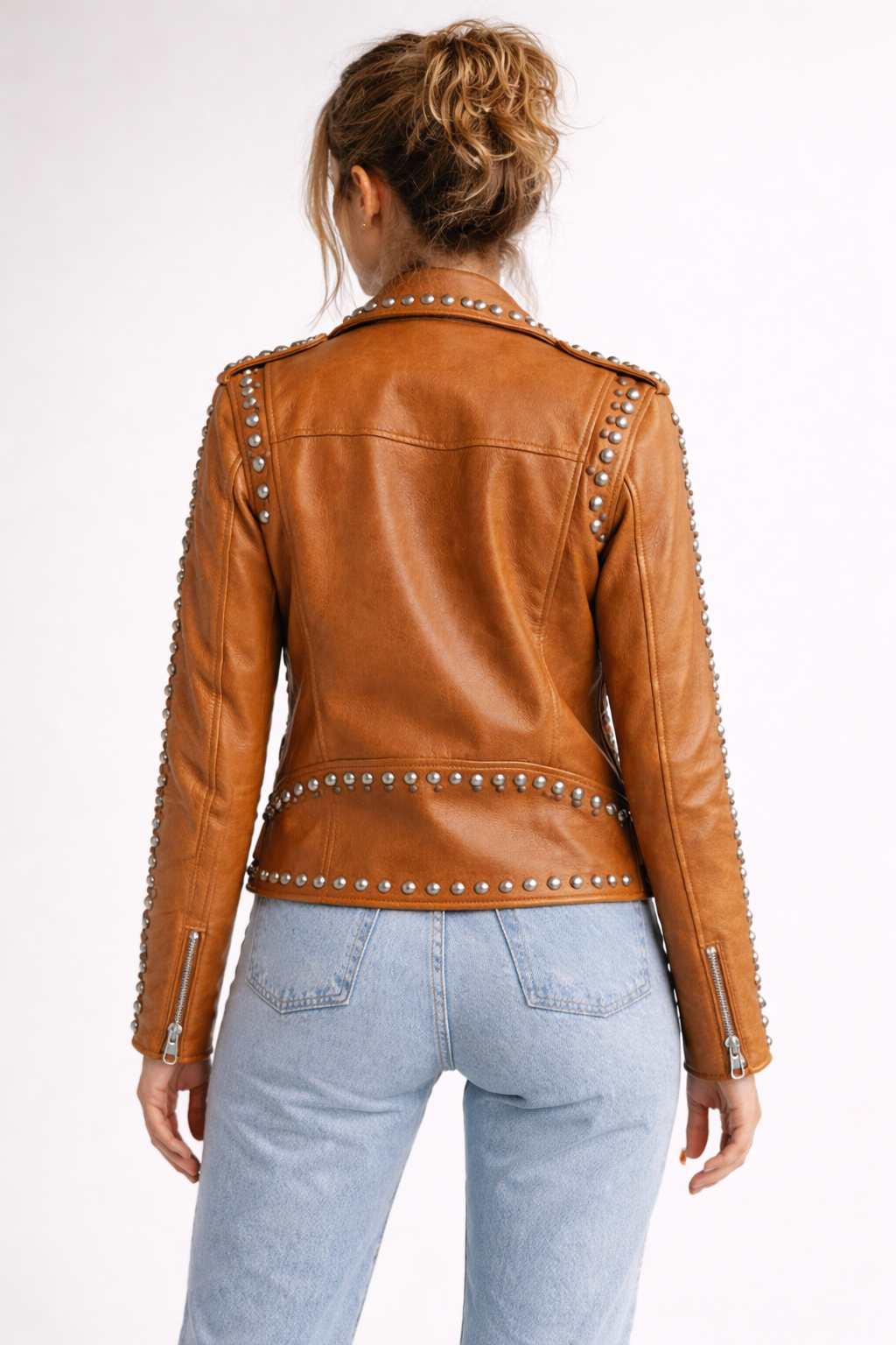 Women's Brown Genuine Leather Western Dome Studded Biker Jacket - Luxurena Leather