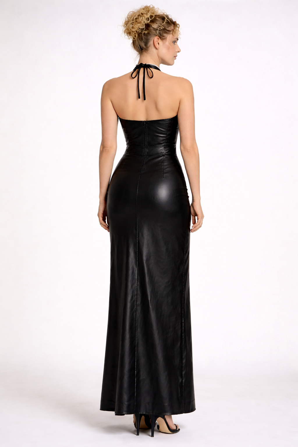 Women's Black Genuine Leather Sculpted Full Length Dress - Sweetheart Halter Neck Bodycon Gown