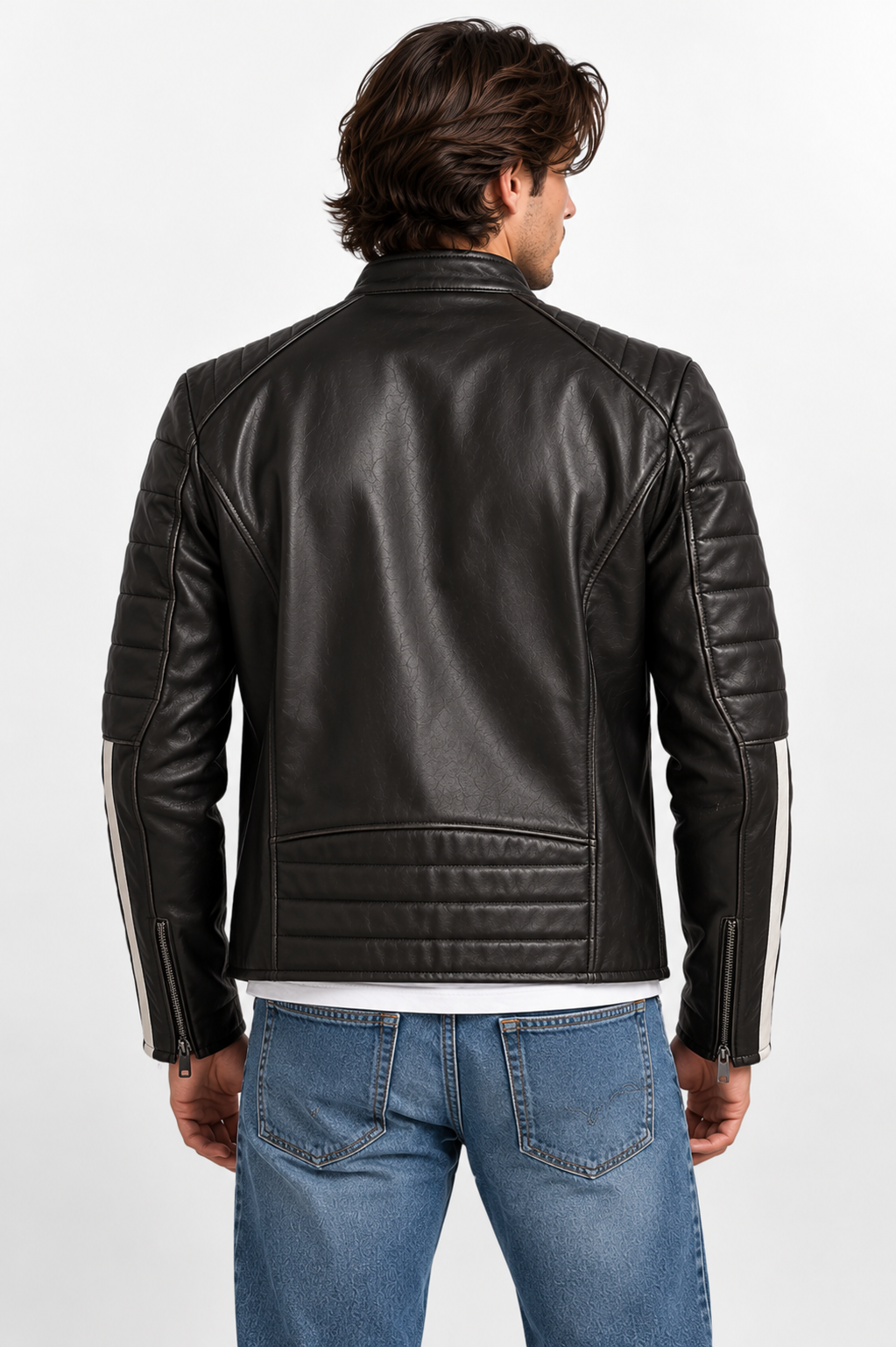 Men's Genuine Black Leather Racer Jacket with Striped Sleeves