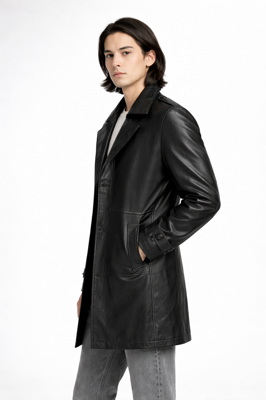 Men's Black Genuine Leather Mid-Length Coat - Classic Tailored Premium Leather Jacket - Luxurena Leather