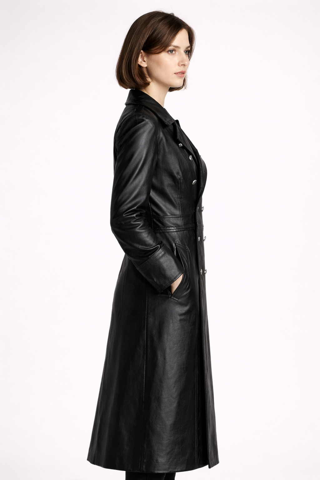 Women's Black Genuine Leather WW2 German Officer Trench Coat - Classic Military Long Coat