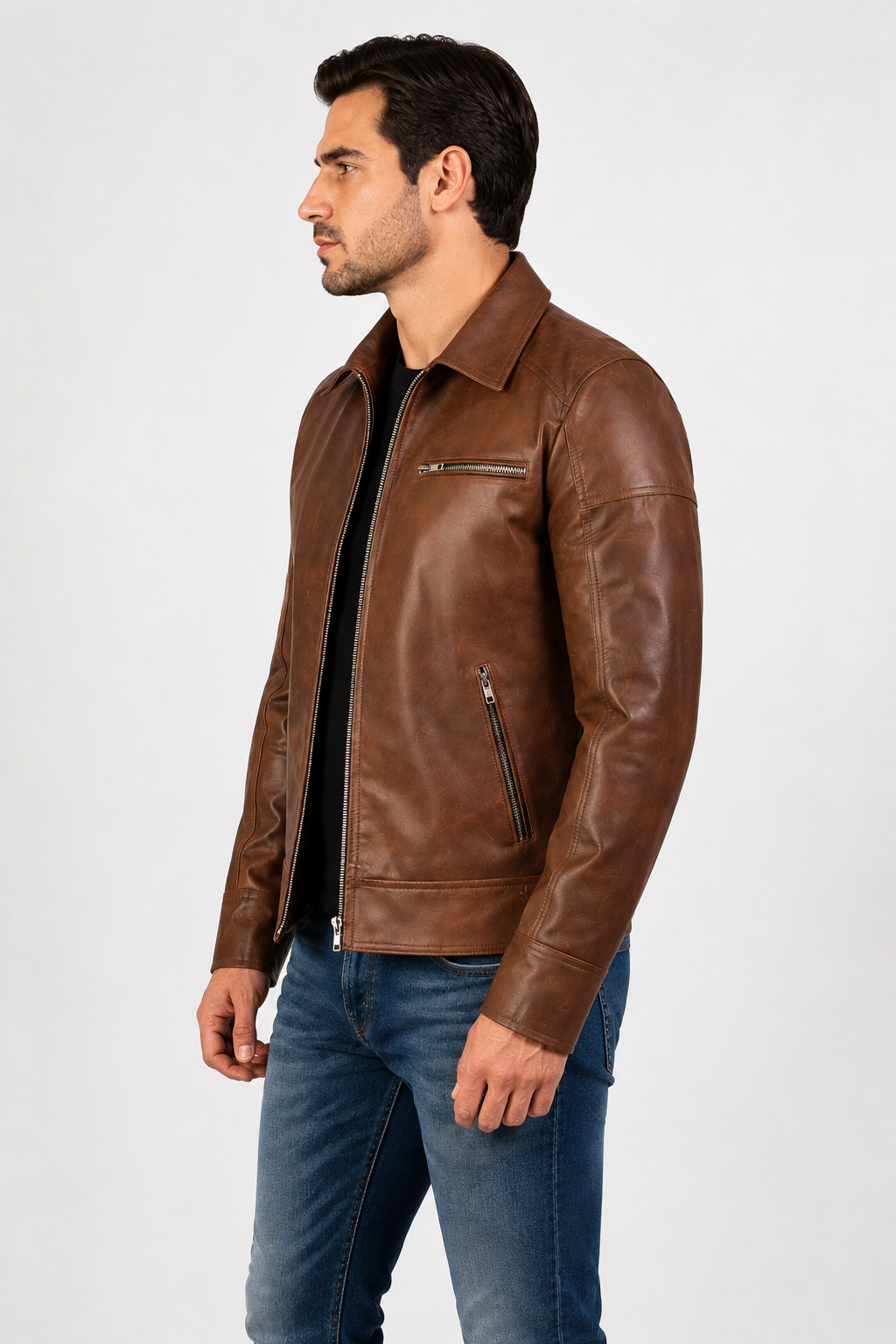 Men's Classic Brown Genuine Cow Leather Jacket - Vintage Casual Zip-Up Jacket