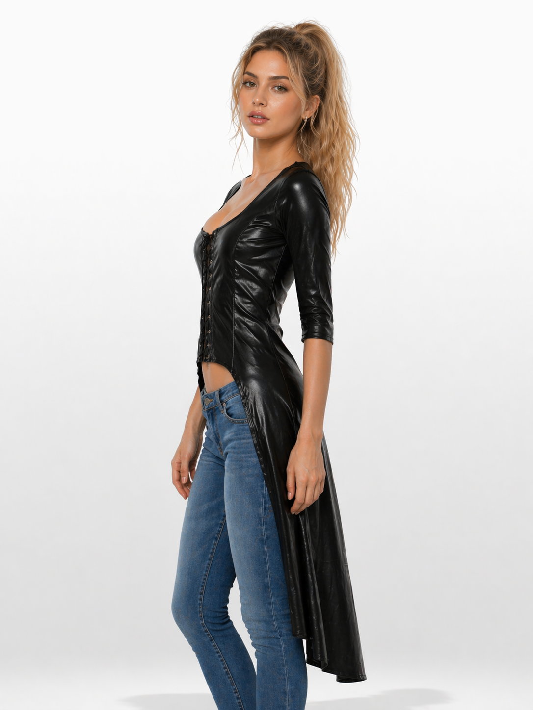 Women's Black Genuine Leather Asymmetric Single Sleeve Long Crop Dress - Sculpted Fit - Luxurena Leather