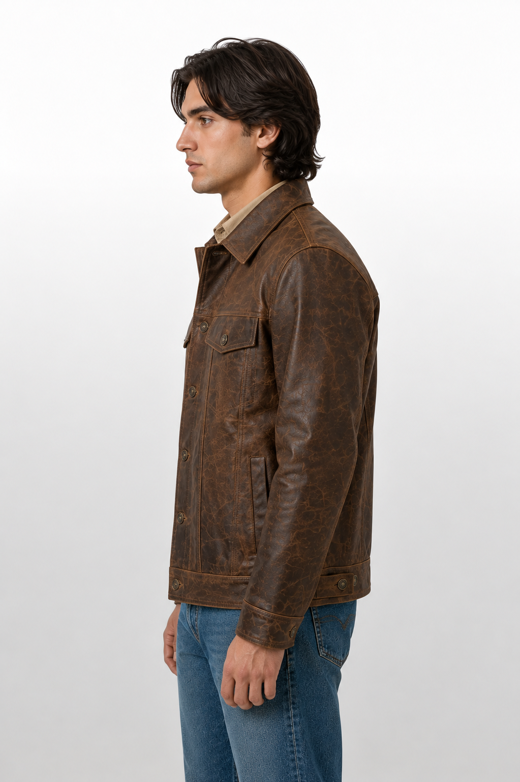 Men's Distressed Brown Full-Grain Cow Leather Trucker Jacket with Antique Brass Buttons