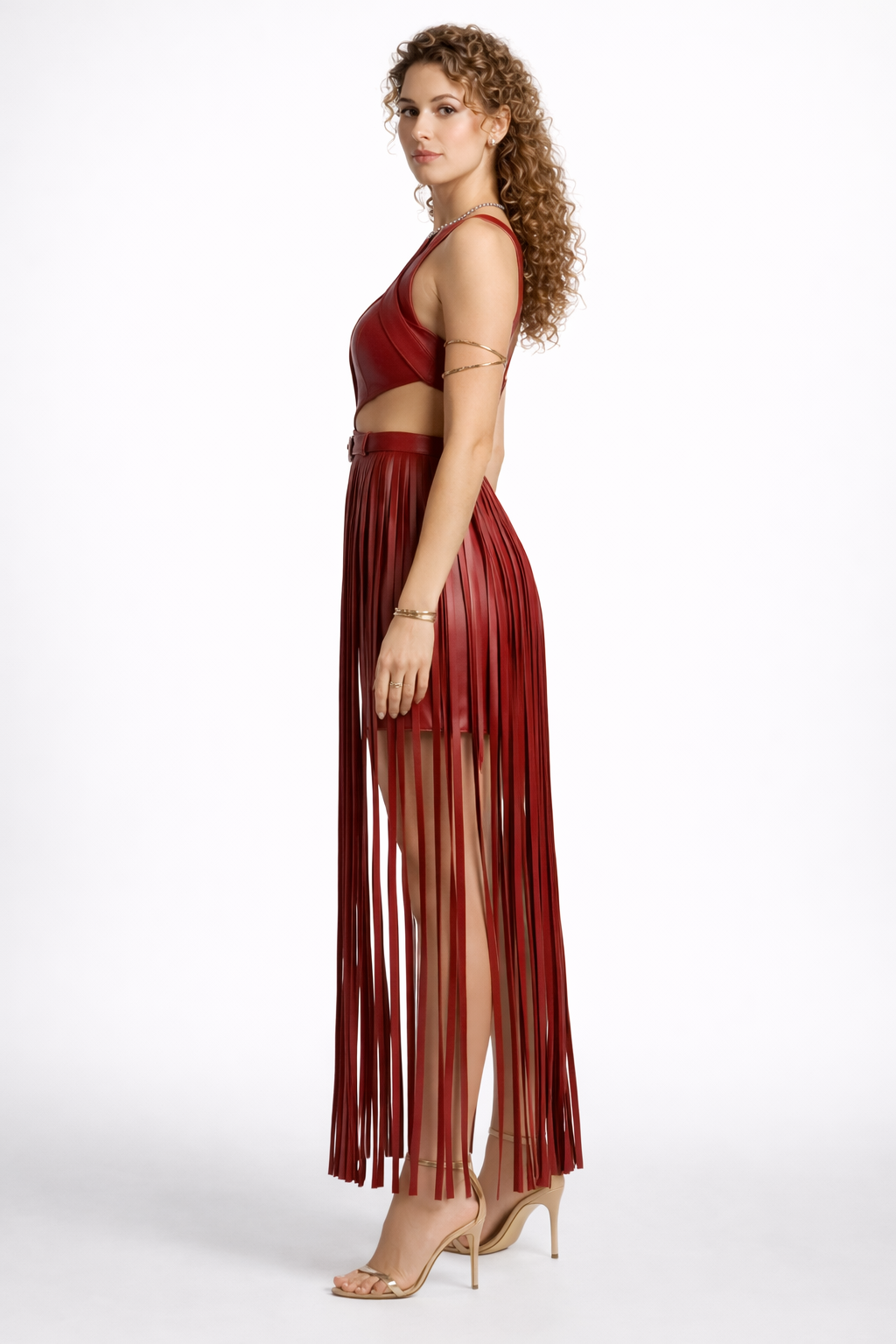 Women's Red Genuine Leather Halter Fringe Belt Dress - Luxury Statement Cut-Out Dress - Luxurena Leather