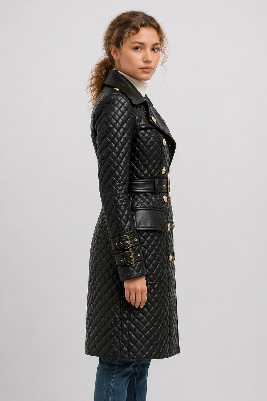 Women's Black Genuine Leather Quilted Double-Breasted Trench Coat - Belted Luxury Fit - Luxurena Leather