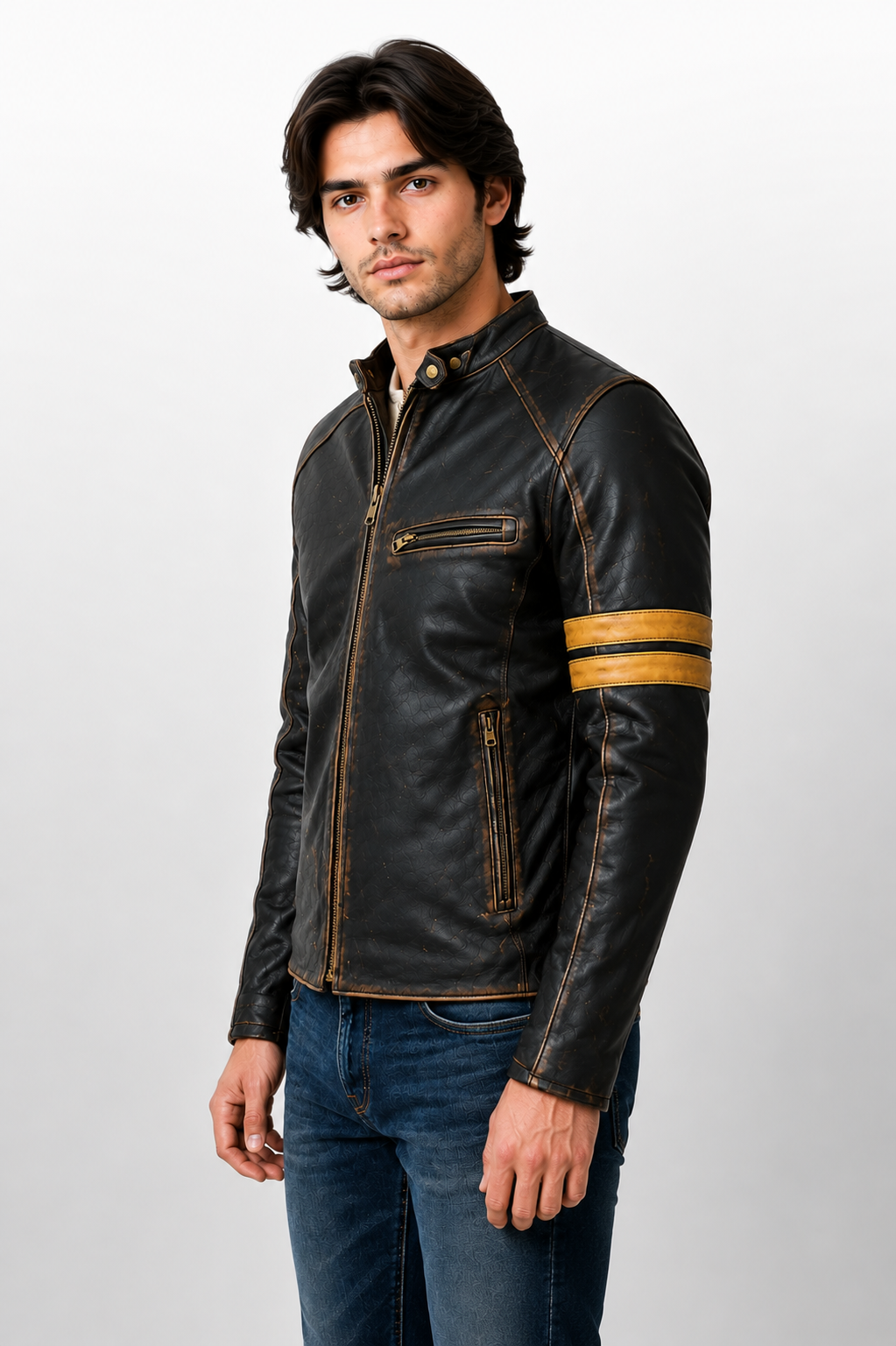 Men's Distressed Black Genuine Leather Café Racer Jacket - Antique Brown Accents & Racing Stripes