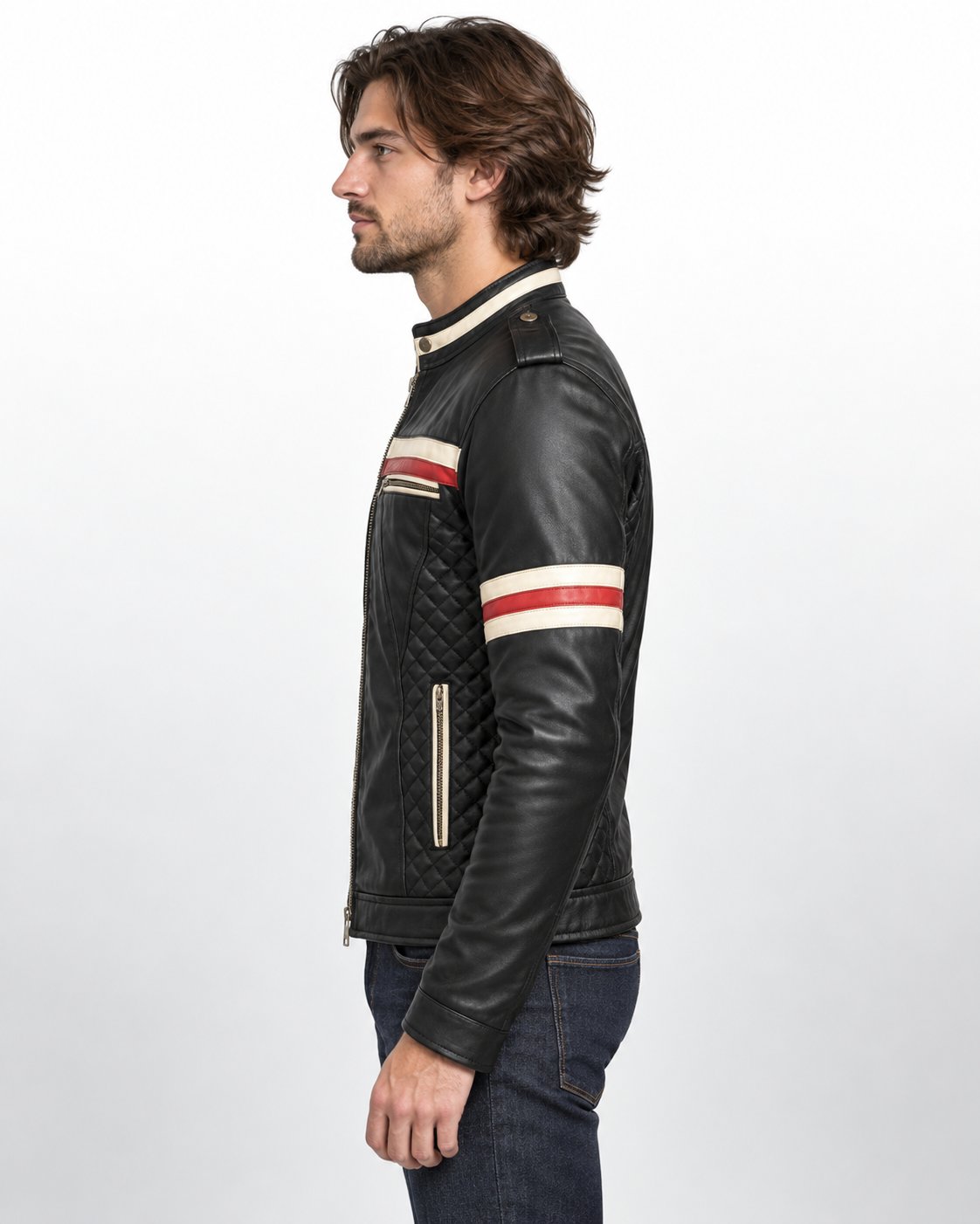 Men's Black Genuine Leather Cafe Racer Jacket with Red & White Stripes - Quilted Biker Motorcycle Jacket