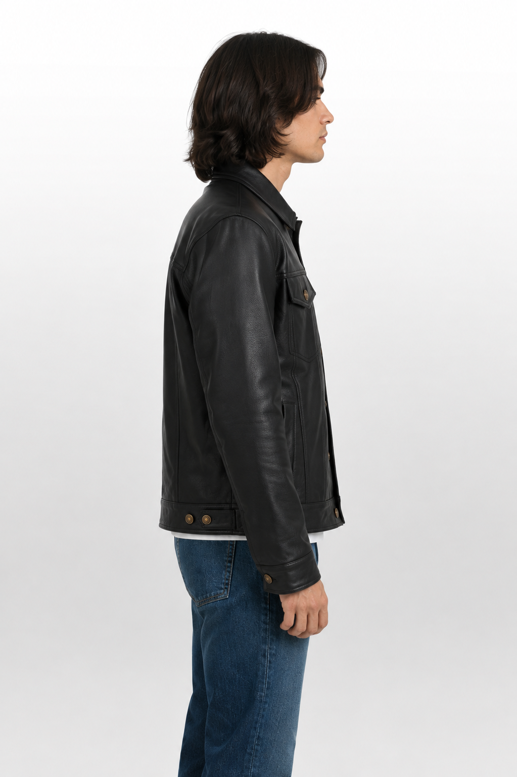 Men's Western Black Full-Grain Cowhide Leather Trucker Jacket