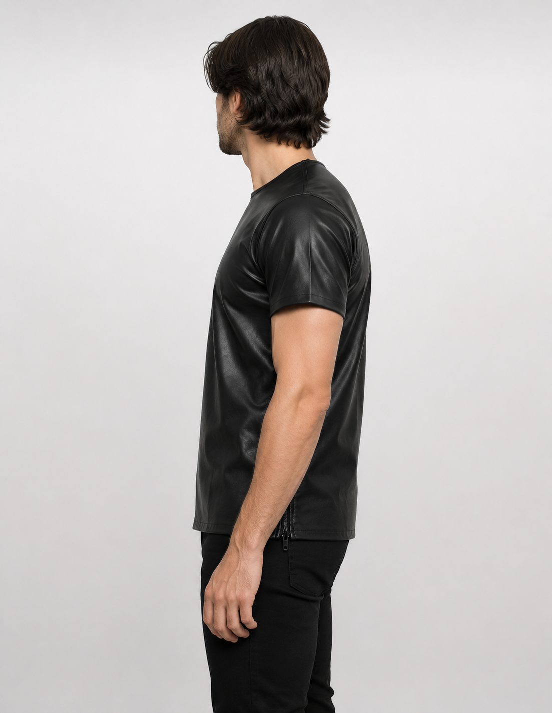 Men's Black Genuine Cow Leather Short Sleeve Shirt - Round Neck Leather T-Shirt