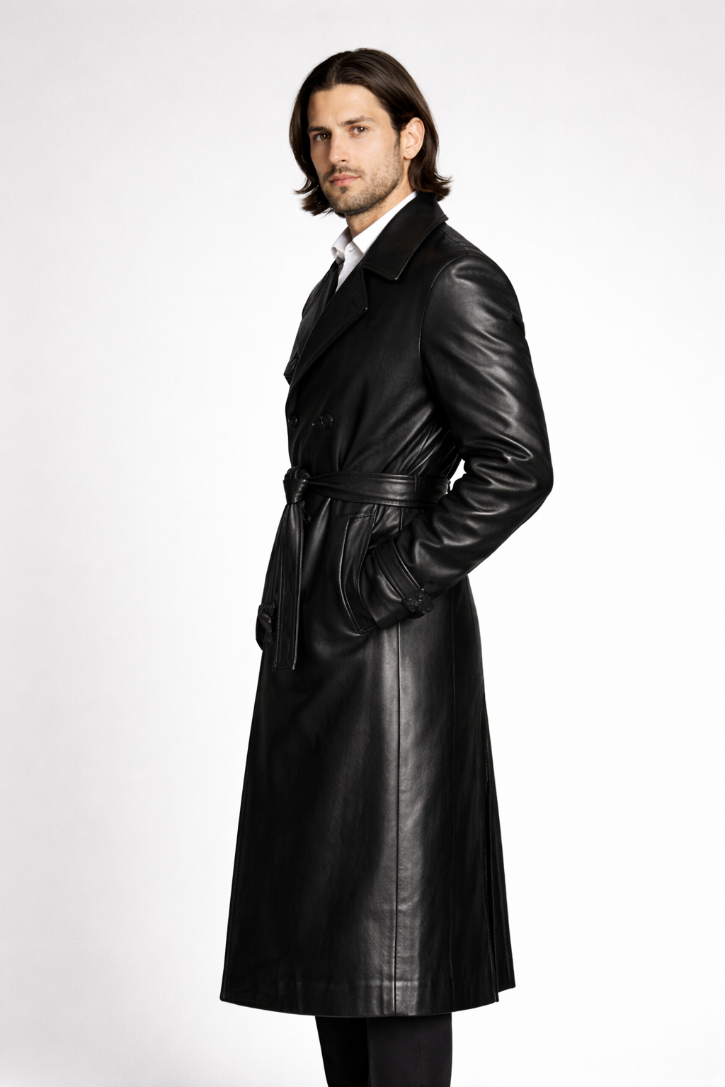 Men's Black Genuine Leather Belted Trench Coat - Classic Long Luxury Coat - Luxurena Leather