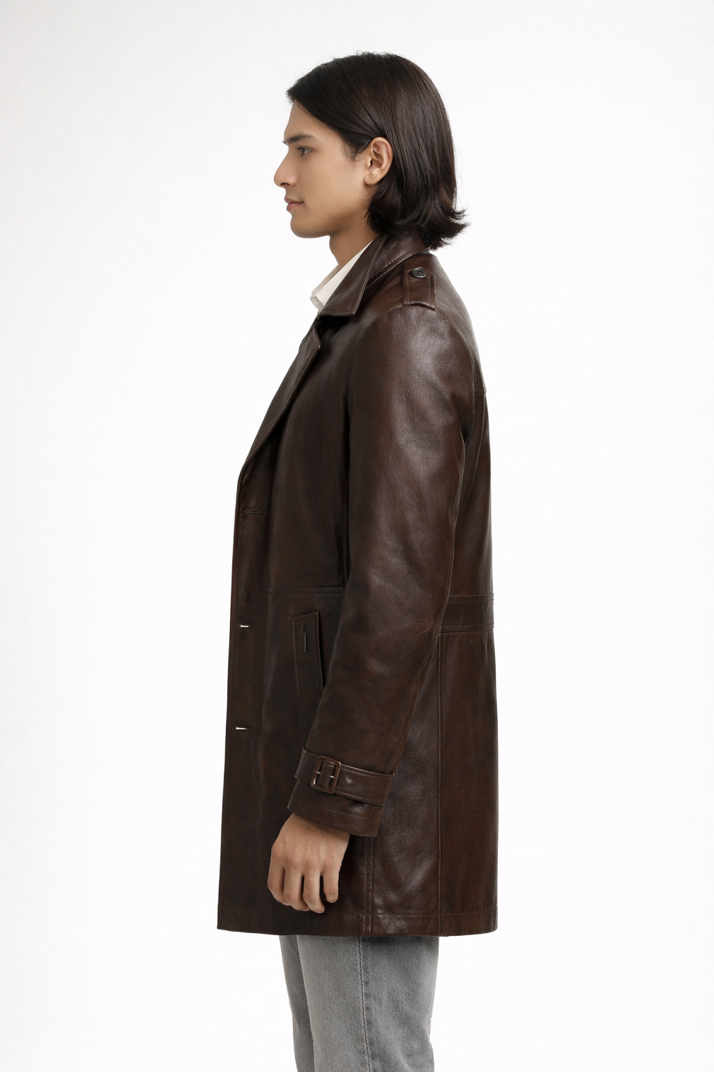 Men's Brown Genuine Leather Mid-Length Coat - Premium Tailored Fit Leather Jacket