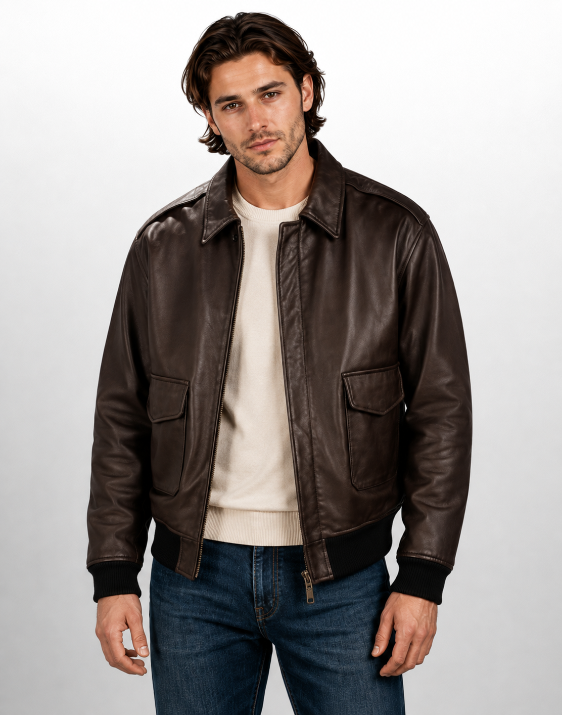 Men’s A-2 Pilot Genuine Cowhide Leather Bomber Jacket - Vintage Brown