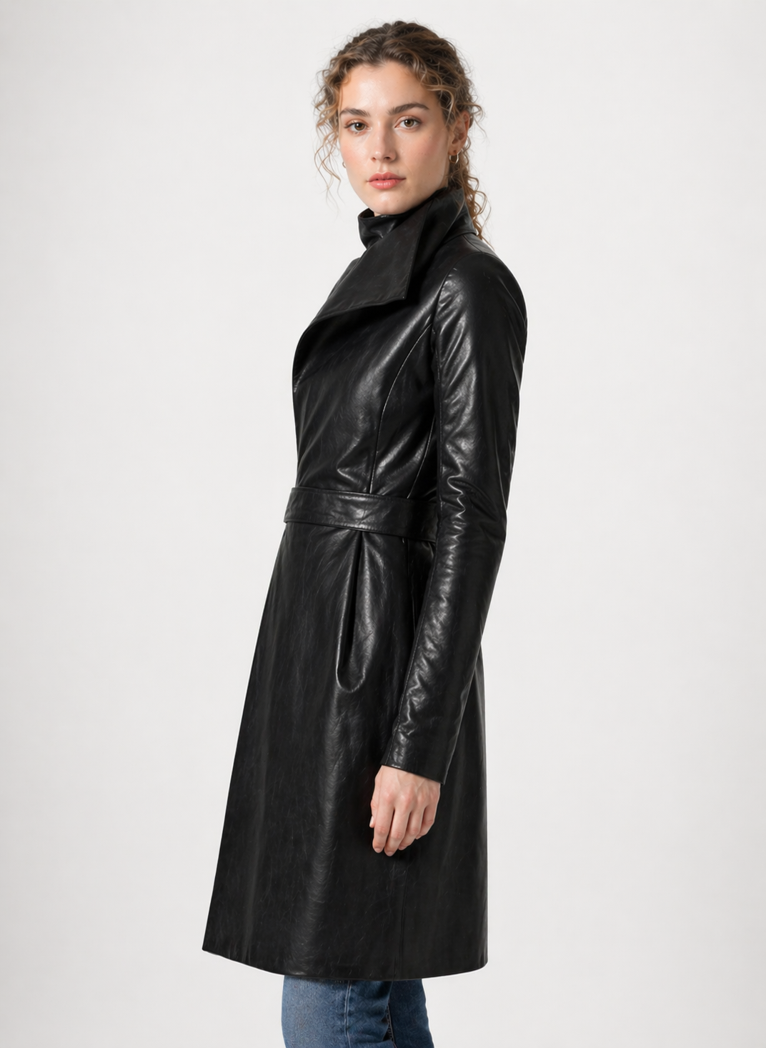 Women's Black Genuine Leather High Neck Belted Long Coat - Structured Fit - Luxurena Leather