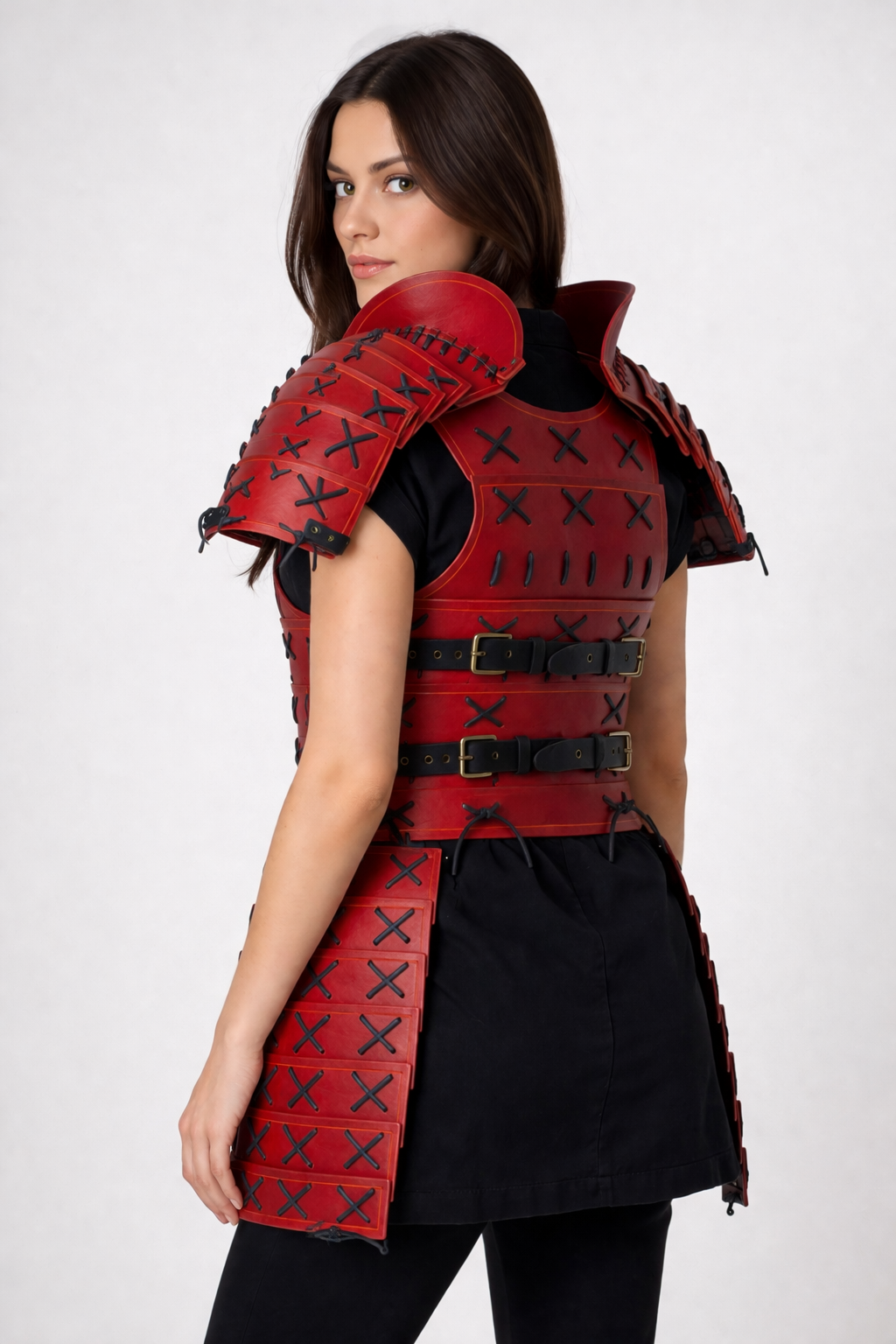 Women's Red & White Genuine Leather Samurai Armor Set - Detachable Pauldrons & Thigh Tassets Cosplay Costume