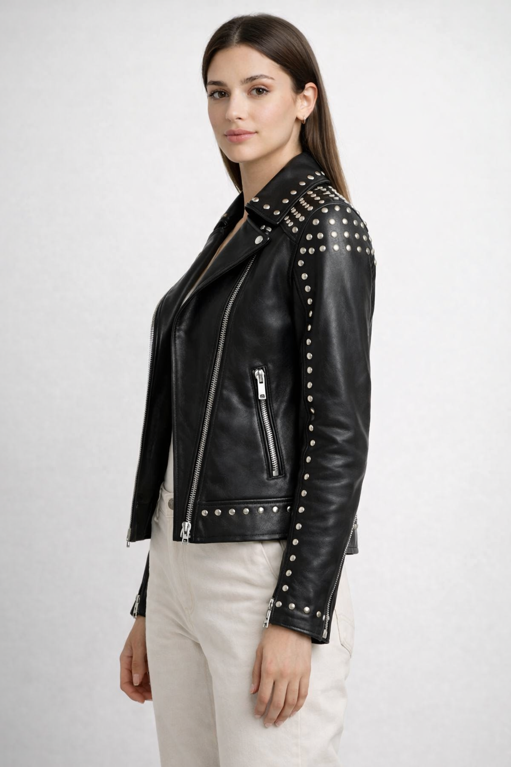 Women's Black Genuine Leather Studded Biker Jacket - Premium Slim Fit - Luxurena Leather