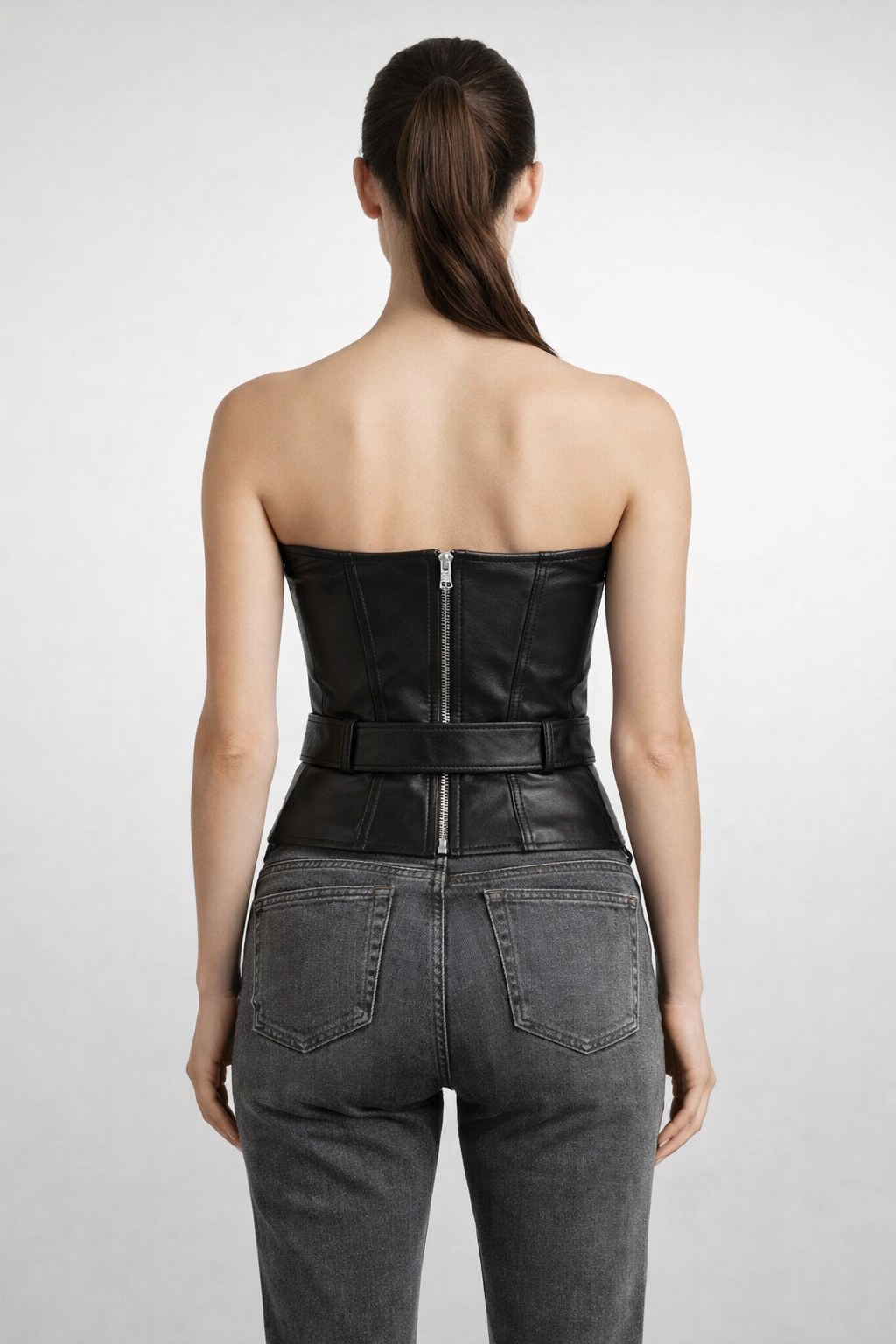 Women's Black Genuine Leather Belted Corset - Slim Fit Structured Waist Cincher - Luxurena Leather