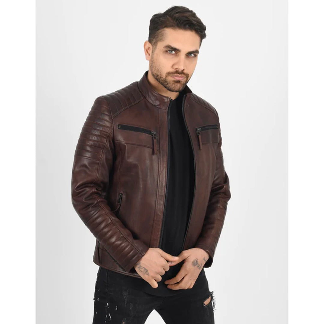 Men's Quilted Vax Brown Leather Jacket - Luxurena Leather