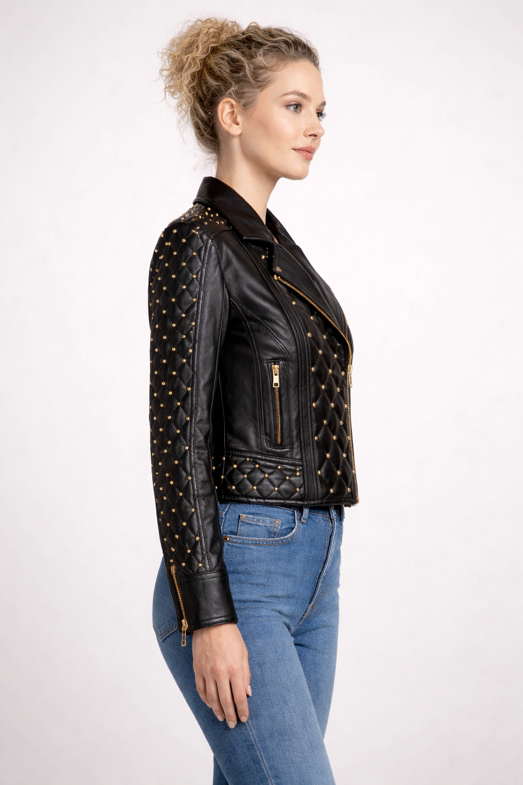 Women's Black Genuine Leather Quilted Gold Studded Brando Classic Jacket - Luxurena Leather