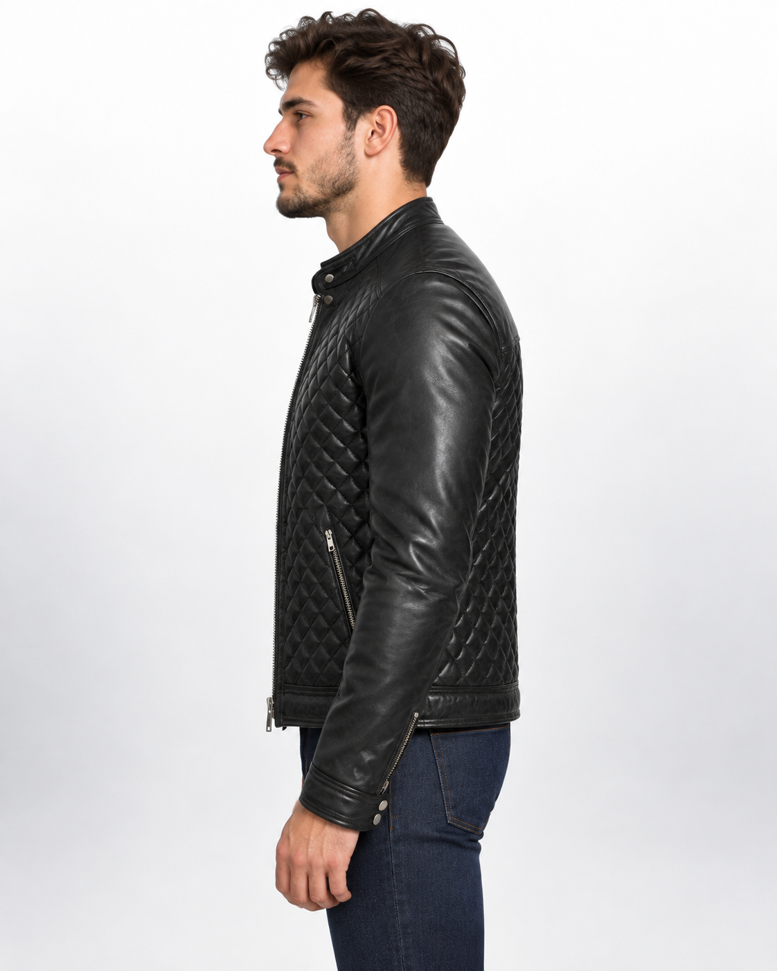 Men's Black Leather Cafe Racer Jacket - Quilted Motorcycle Bomber