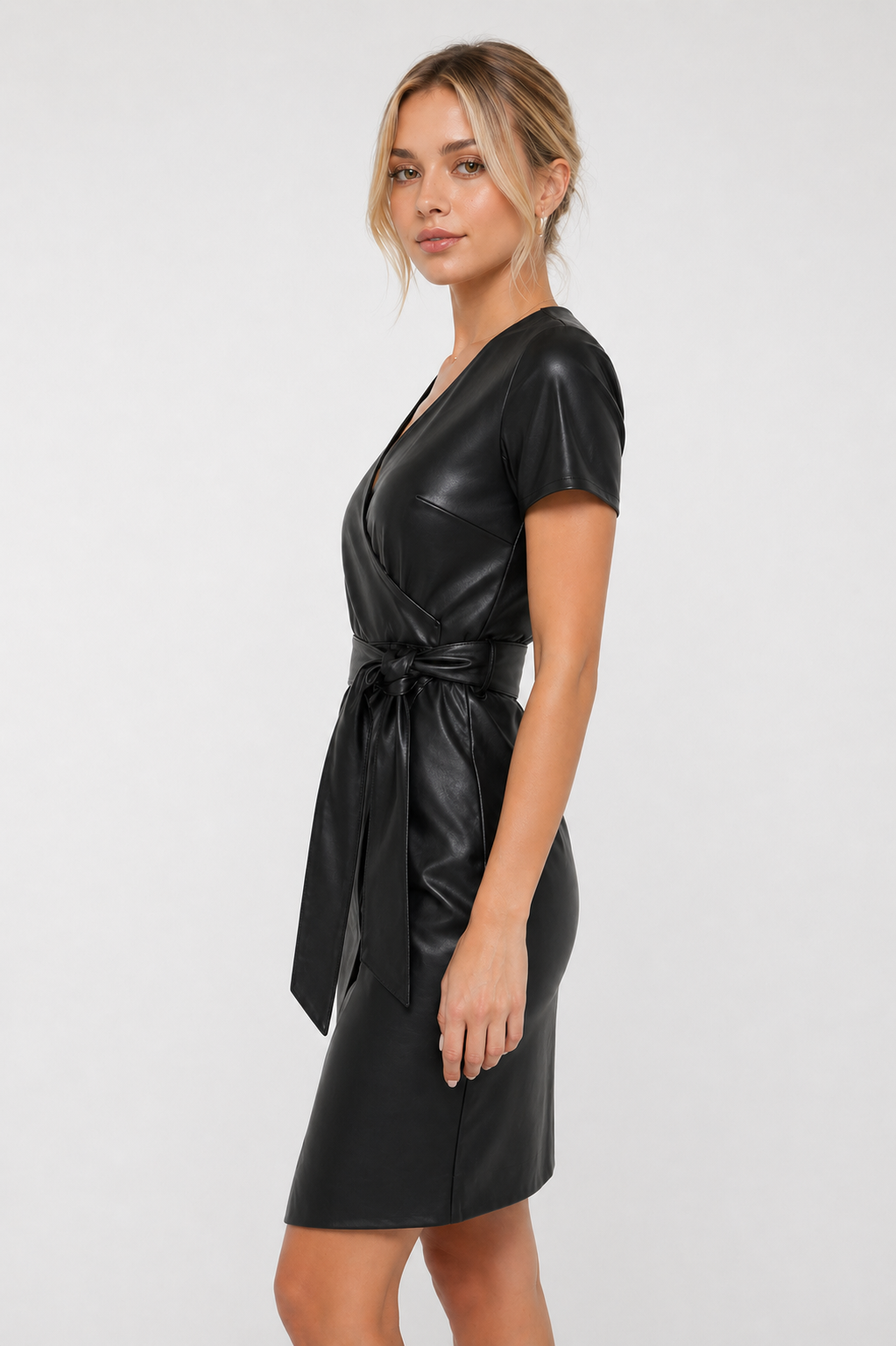 Women's Black Genuine Leather Wrap Dress - High Waist Belted V-Neck Short Sleeve Luxury Dress - Luxurena Leather