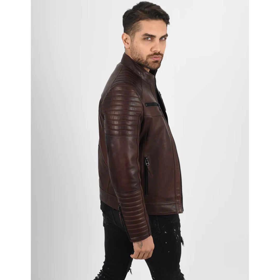 Men's Quilted Vax Brown Leather Jacket - Luxurena Leather