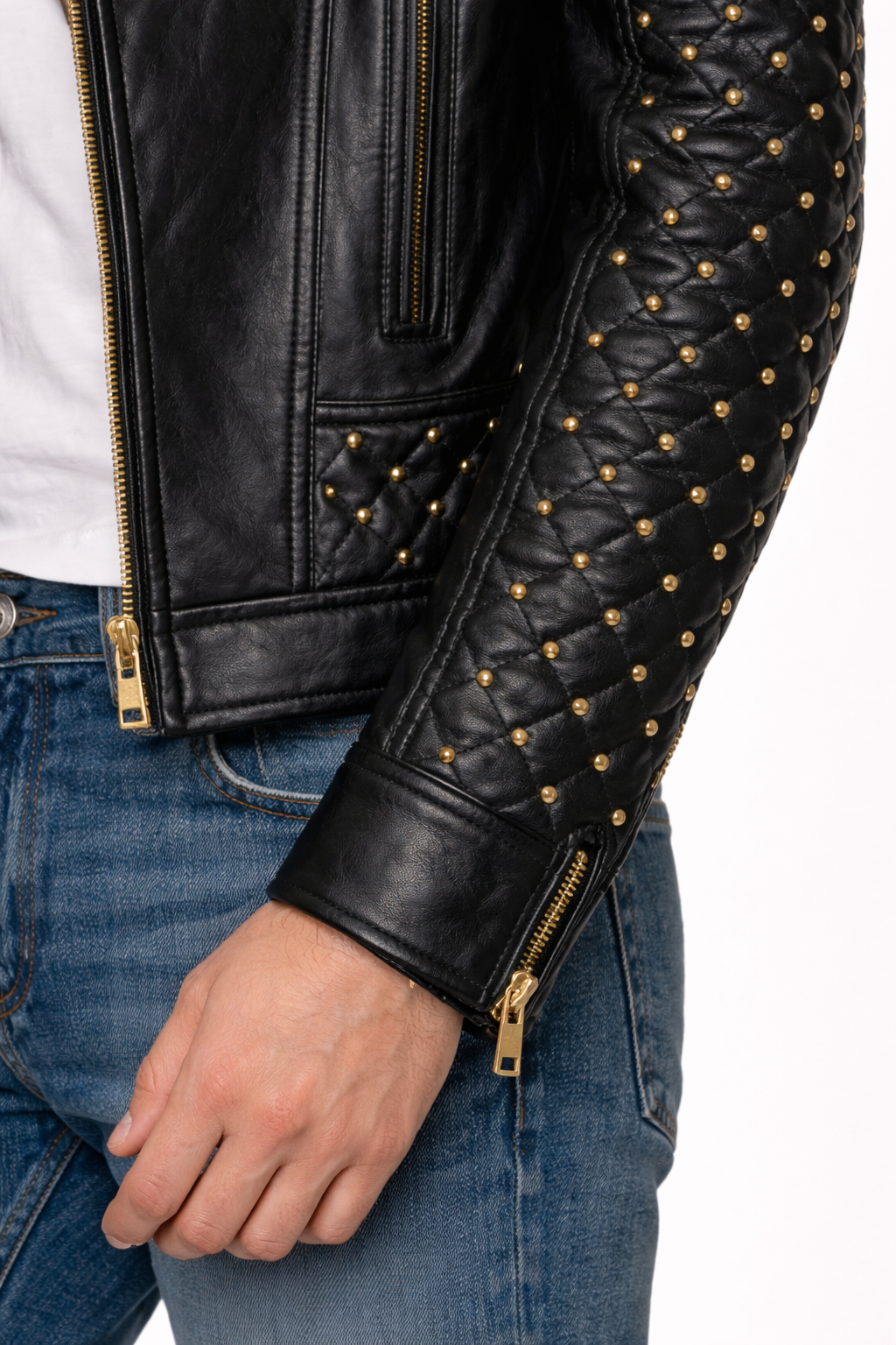 Men's Black Genuine Leather Quilted Gold Studded Brando Classic Jacket