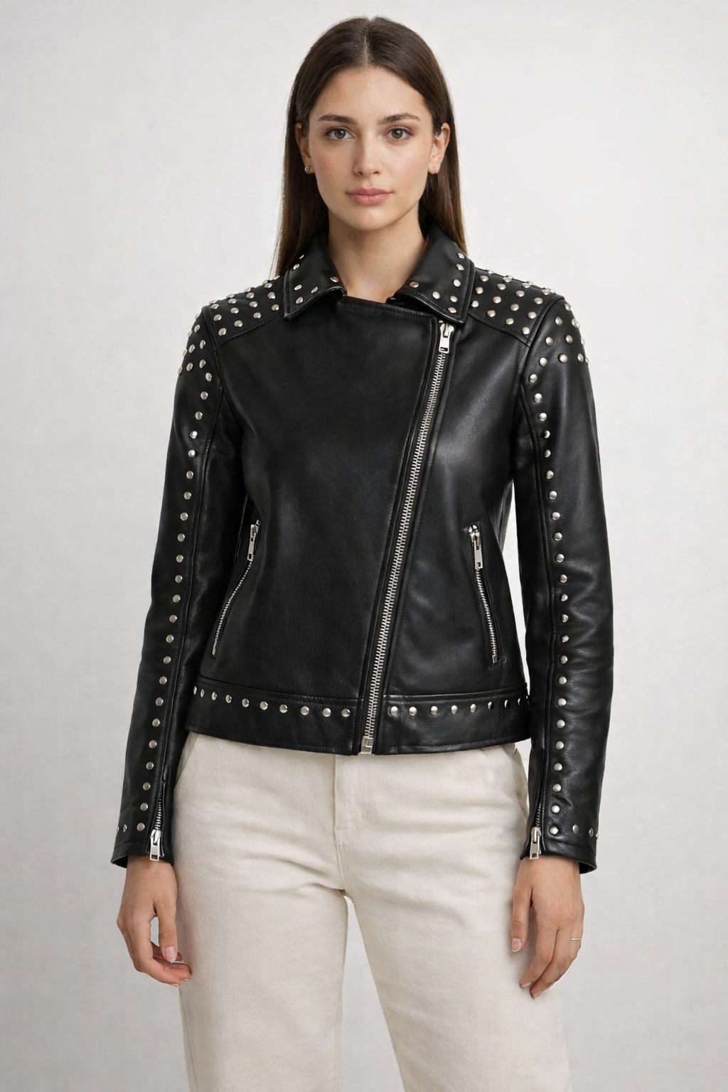 Women's Black Genuine Leather Studded Biker Jacket - Premium Slim Fit - Luxurena Leather
