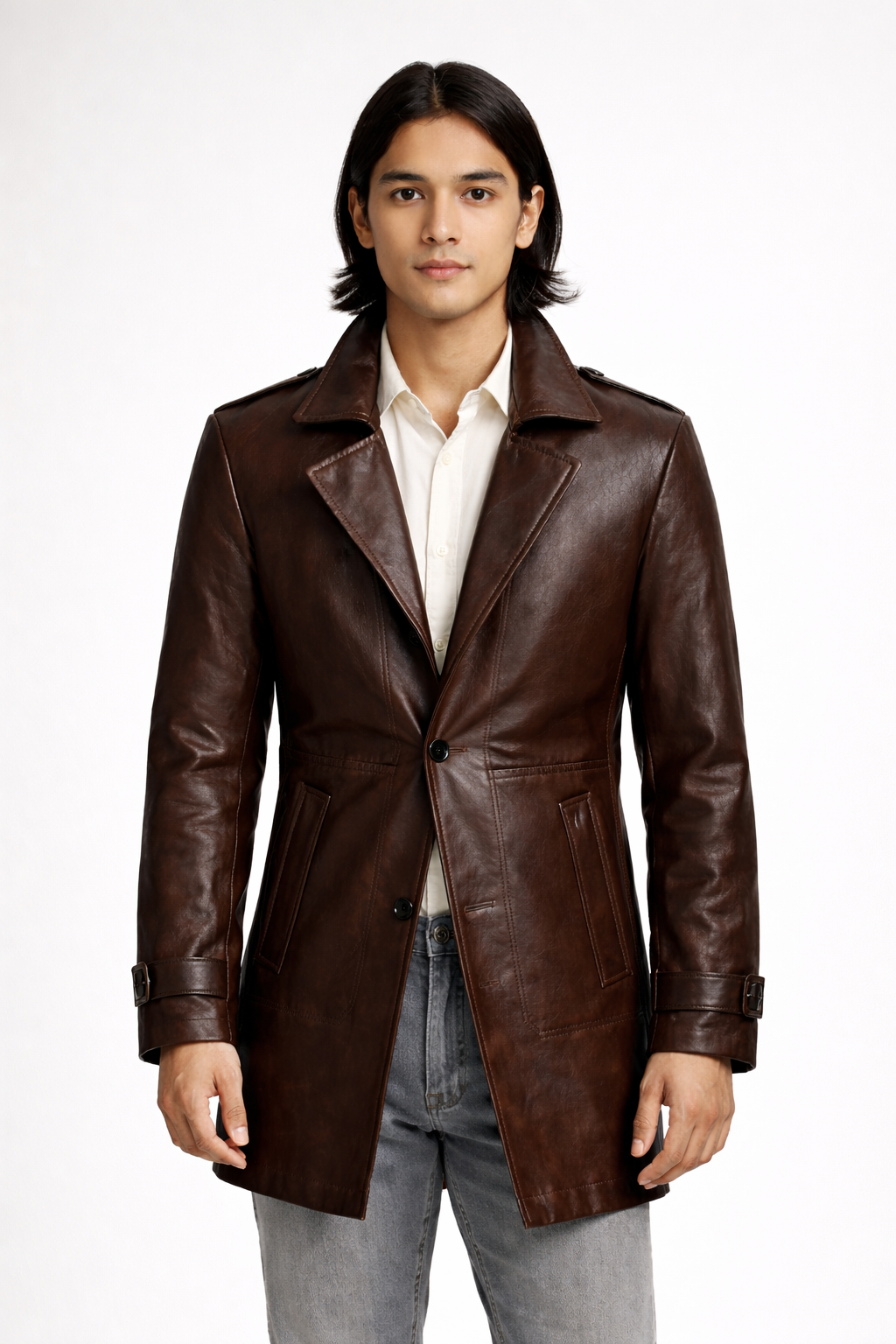 Men's Brown Genuine Leather Mid-Length Coat - Premium Tailored Fit Leather Jacket