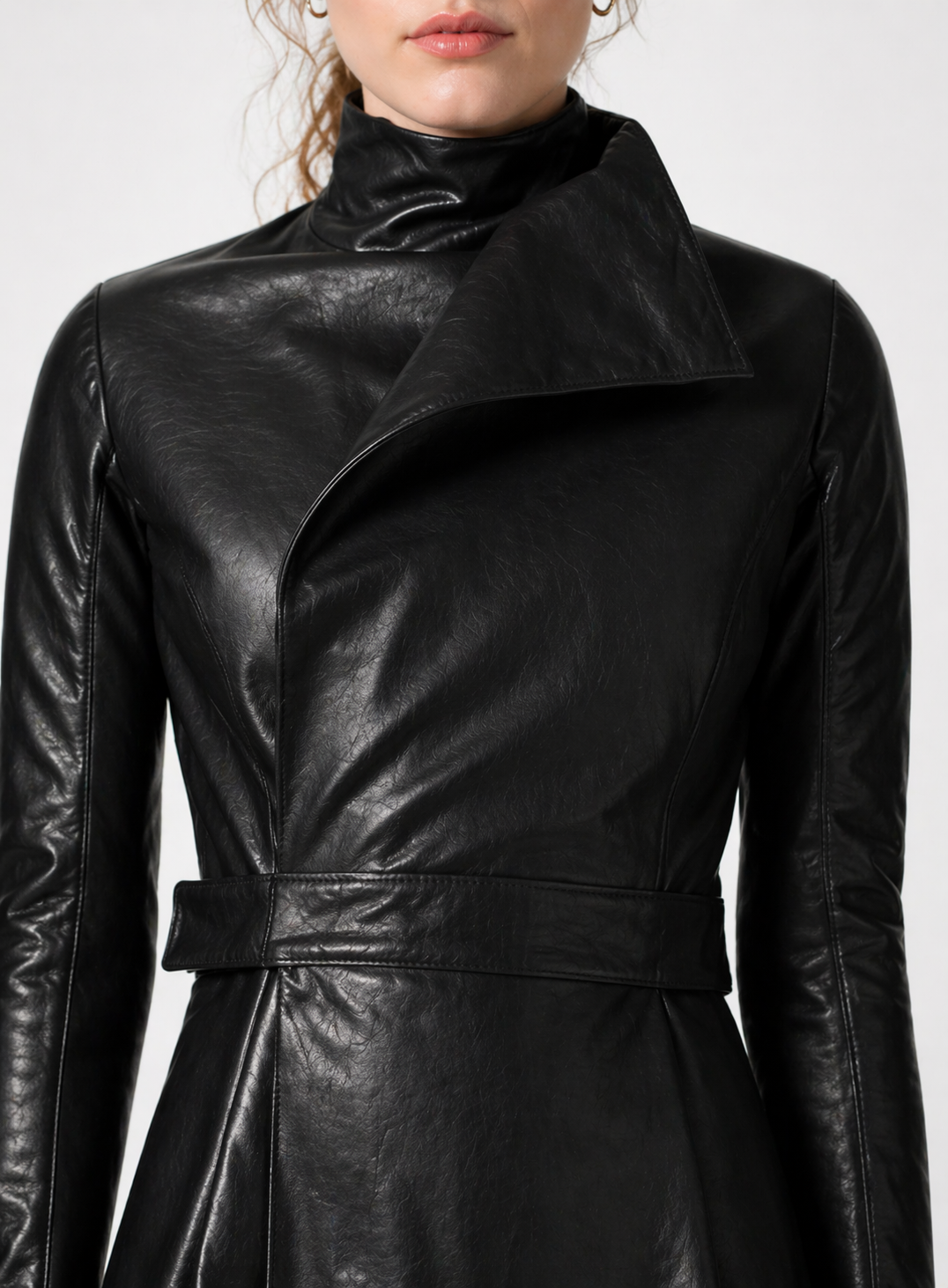 Women's Black Genuine Leather High Neck Belted Long Coat - Structured Fit - Luxurena Leather