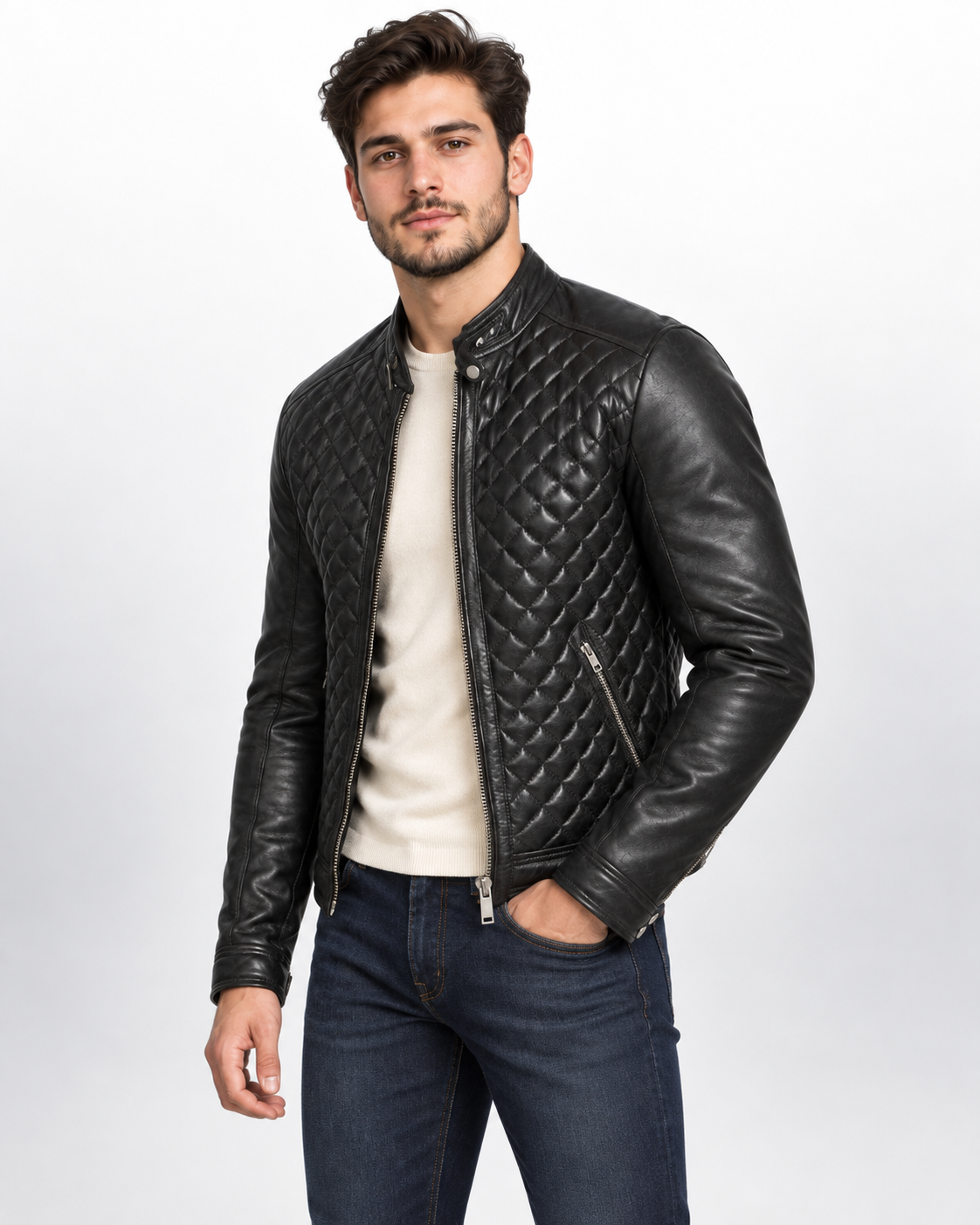 Men's Black Leather Cafe Racer Jacket - Quilted Motorcycle Bomber